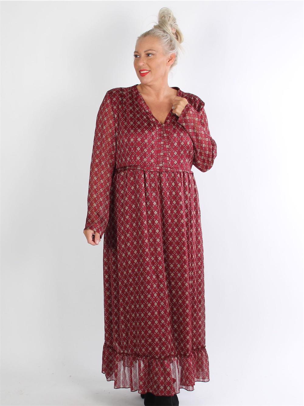 Cuenca - Lang armygrøn kjole med mønster og flæsekant